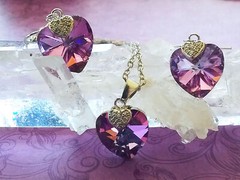 HEART NECKLACE EARRING Set, Swarovski Crystal Pendant, Purple Heart Pendant Set