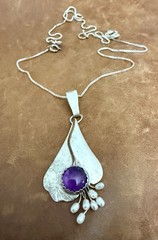 Vtg Designer Sterling 925 Amethyst, Pearl Beads Gold Wire Pendant Necklace 18”in