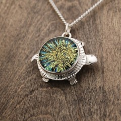 Green Florentine Dichroic Glass and Sterling Silver Land Turtle Pendant w/ Chain