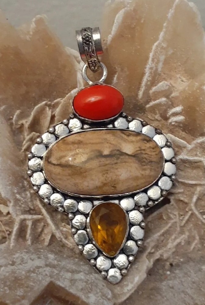 Artisan 925 Silver Jasper Gemstone Yellow Glass Pendant