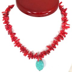 Woman Fashion Gift Red Coral Branch & Turquoise Pendant Silver Necklace 16″-18″