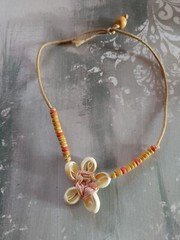 Vintage Necklace cowrie shell beads flower shape woven tie-on cord no metal