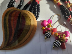 Boho Multicolor Wood Bead Statement Necklace & Dangle Earrings Set Artisan