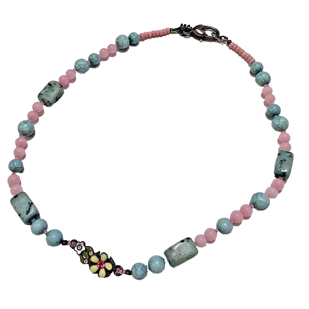 Hand-made Green & Pink Stone Beaded Necklace W/ Enamel Flower W/Rhinestones 1ofK