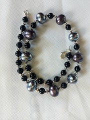 Black and grey shell pearl with chalcedony and silver necklace