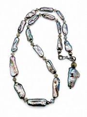 Vintage Artisan Baroque Stick Pearl Labradorite Necklace Sterling Silver Clasp