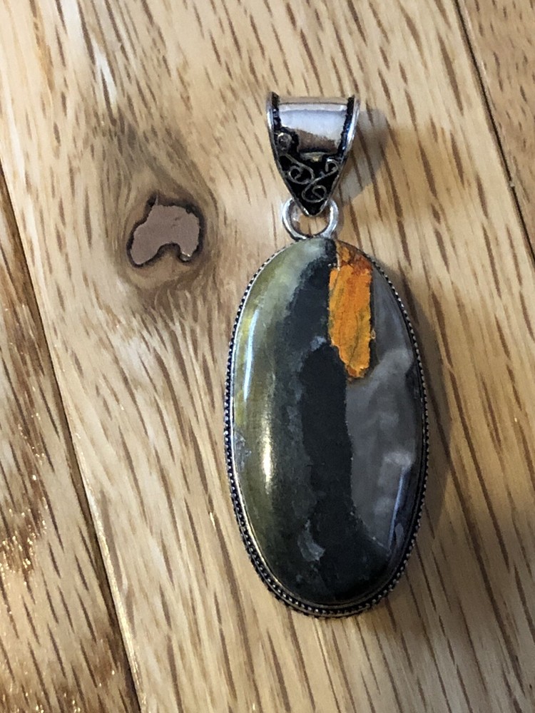 Artisan Bumble Bee Jasper Black Orange Fire Storm Oval Pendant Box Bezel 2.25”