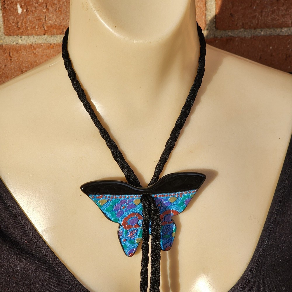Vtg Handcrafted Glazed Ceramic Butterfly Lariat Necklace Bolo Tie? Signed Cord