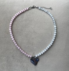 PINK WHITE GLASS CAT EYE Beads STAINLESS STEEL Heart Pendant Necklace 16.5”