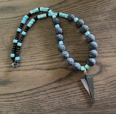 Artisan Made Men’s Necklace, 19.5″ Long, Lava Beads, Obsidian Pendant