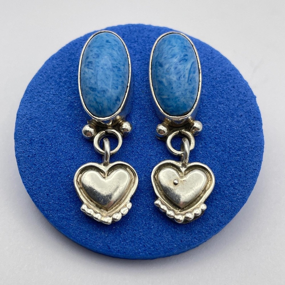 Sterling Silver Denim Lapis Heart Dangle Earrings Cute Small Blue Earrings