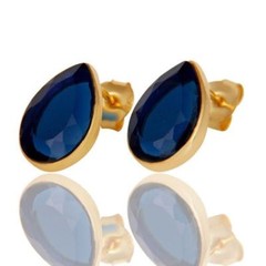 Blue Corundum Bezel Set Gemstone Stud Earrings In Gold Plated 925 Silver