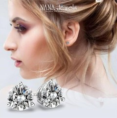 3 Prong Zirconia Stud Earrings, Stainless Steel Posts & Silver, Hypoallergenic
