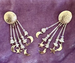 TABRA 14k Gold-Fill Embossed Moon & Stars Rose Quartz Pearl Chandelier Earrings
