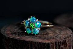 Black Opal, Tsavorite Diamond Floral Engagement Ring in 14K Gold