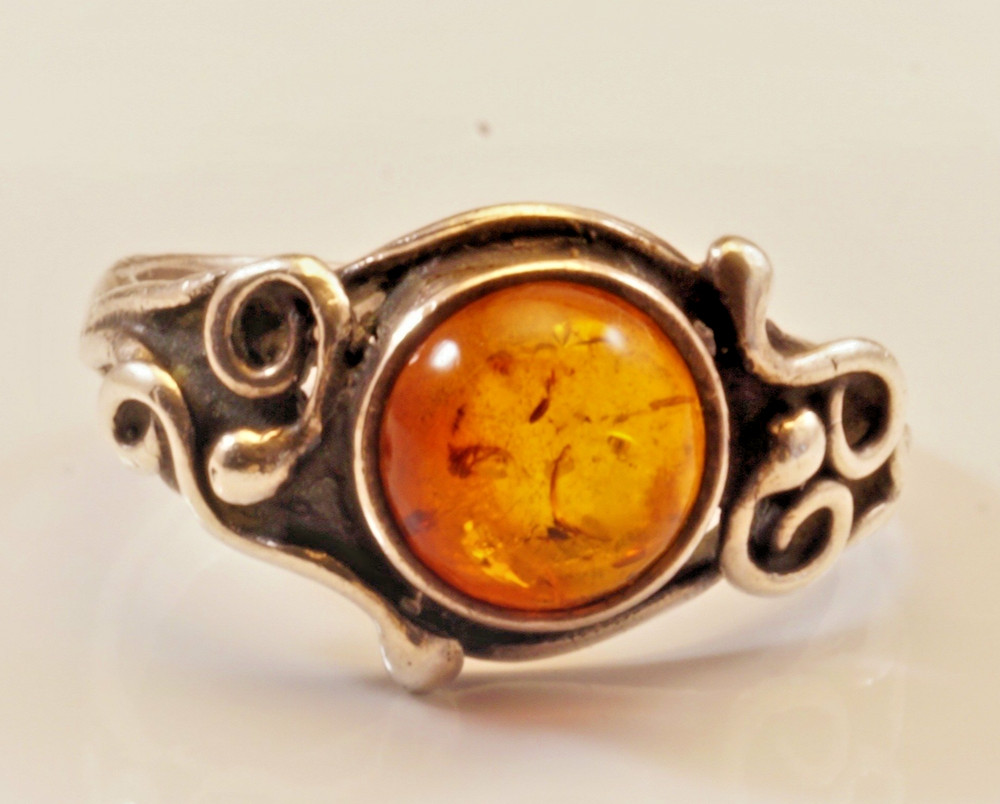 Amber In Sterling Silver Ring, Genuine A grade Cognac Color Amber Round Cabochon