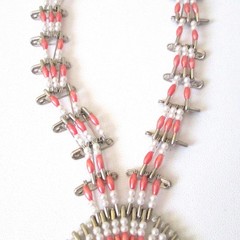 Vintage Handmade Squash Blossom Safety Pin Necklace Pink Beads Faux Pearls 12″