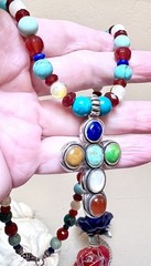 LOVELY Artisan Sterling Silver Turquoise, Lapis, Carnelian, Etc. Cross Necklace