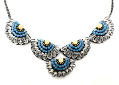 Gray Macramé Aquamarine Blue Crystal Chunky Bib Statement Necklace