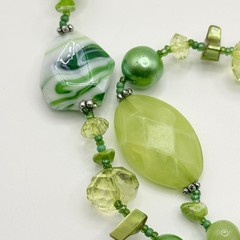 Green Venetian Art Glass Bead Necklace Lucite Fabric Lampwork Artisan 35-38”