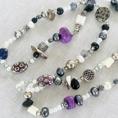 BOHO Beaded Lariat Necklace Hand-Crafted Art Glass Semi-Precious Stones Pearl