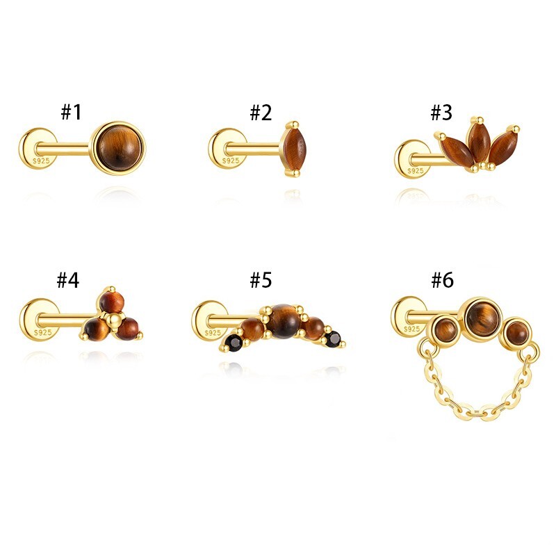 Tiger Eye Nap Earrings Helix Tragus Rook 925 Sterling Silver Flat Back Earrings