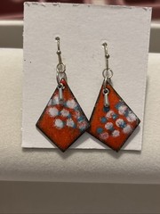 Artisan Handmade Earrings. Coral/White/Turquoise Enamel/Metal Dangle Earrings