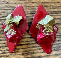 1980s Paper Mache Earrings 3D Pinkish Red & Gold Handmade MOD 3×1.5”