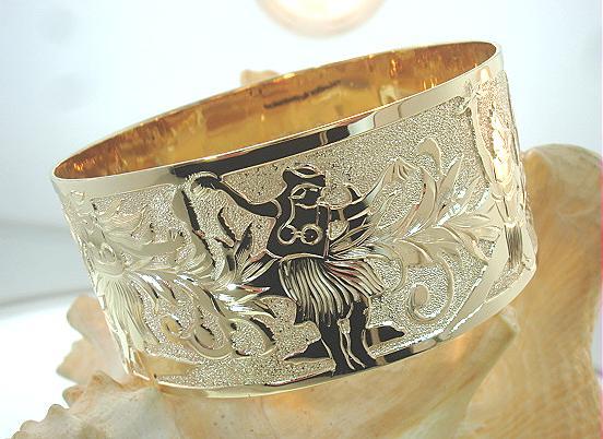 QUOTE 24MM 14K YELLOW GOLD HAWAIIAN CUSTOM ENGRAVED PERSONALIZED BANGLE 6.5-9 #2