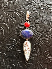 Artisan Turquoise Lapis and Coral Totem Pendant 2.75″ Shadow Bezel