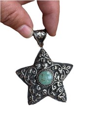 Handcrafted 5 Pointed Star Pendant With Center Turquoise Set In Silver 3”in,34gm
