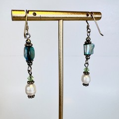 Vintage Sterling Silver Dangle Earrings Blue MOP & Fresh Water Pearls Green Boho