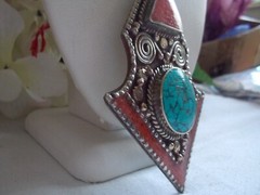 HANDMADE TIBETAN TURQUOISE AND CORAL 925 STERLING SILVER PENDANT-3.25″ X 2.2″