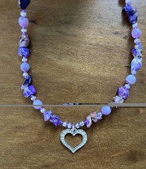 Crystal Heart Necklace – Purple Agate & Sea Sediment Jasper, Silver Tone Beaded
