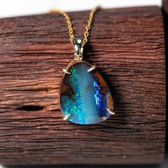 Australian Boulder Opal Necklace Pendant 14K Yellow Gold