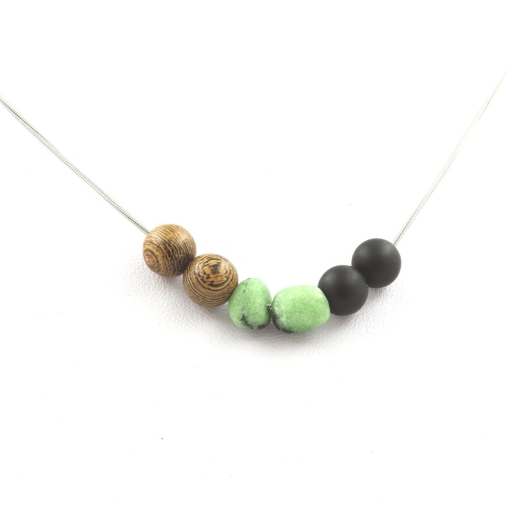 Epidote Necklace From Myanmar + Matte Black Onyx Beads + Wood 8 Chain