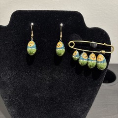 Russian Matrushkas Nesting Doll Pin/Brooch And Earrings Set Blue Flowers Spring
