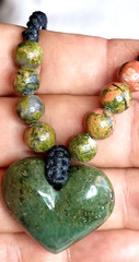Serpentine Stone Heart hand braided adjustable Necklace with Unakite beads.