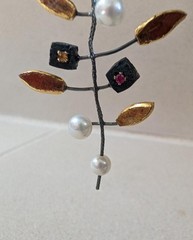 Pierced Dangle Artisan Earrings w/ Faux Pearls Rhinestones & Gold Colored Leaves