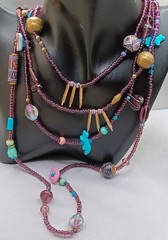 Glass Beaded Treasure Necklace Purple & Turquoise Brass Accents Very Long 74″