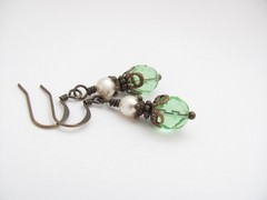 Green Earrings Antiqued Brass Dainty using Swarovski Crystal Affordable Holiday