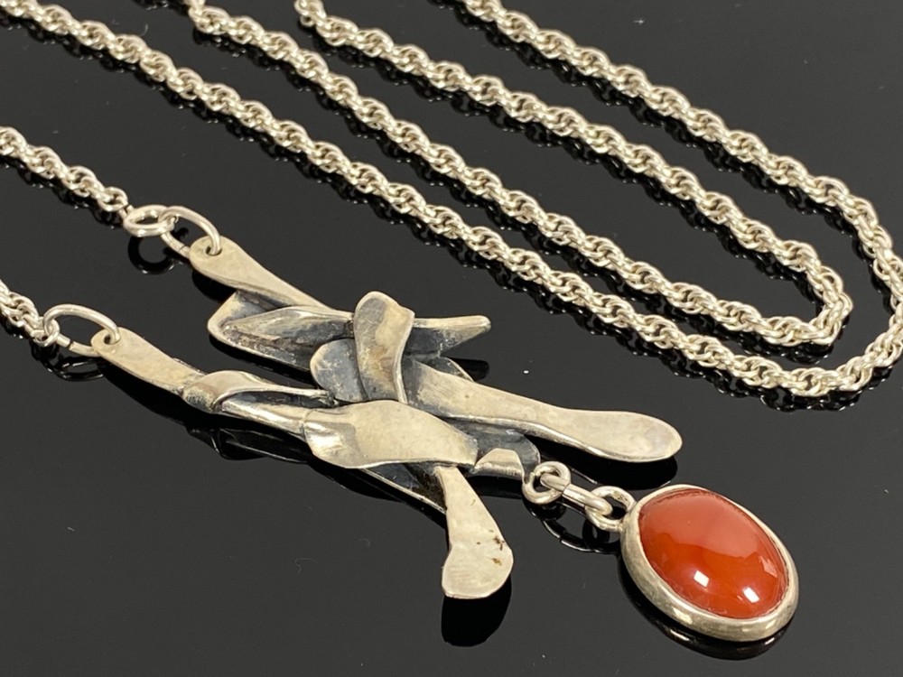Sterling Silver & Carnelian Pendant Necklace – 24g – Handmade Modernist