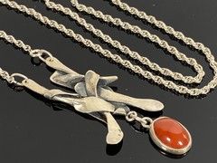 Sterling Silver & Carnelian Pendant Necklace – 24g – Handmade Modernist