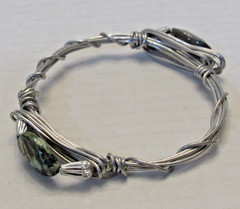 Artisan Wire Wrapped Bangle Bracelet Silver Tone Natural Stone Green Dark Grey