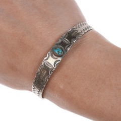 6.35″ 30’s-40’s Stamped sterling silver Cuff Bracelet with turquoise