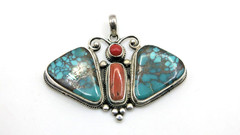 925 Sterling Silver Turquoise & Red Coral USA Butterfly Pendant Sleeping beauty