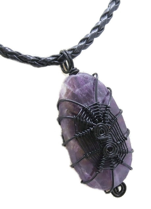 Amethyst Spiderweb Necklace: Handcrafted Black Wire Wrap Pendant
