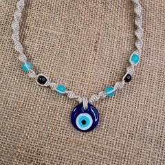 Natural Hemp Necklace w/ Evil Eye Charm & Beads, 18-23 inch Ready to Ship