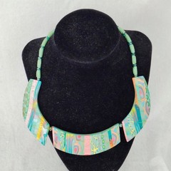 Karen Mical Design Necklace Green Pink Yellow Clay Colorful Artisan Statement