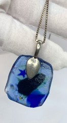 Avon Dichroic Fused Art Glass Blue Floral Square Pendant Necklace 925 Chain